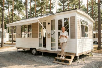 Femme devant son mobil-home blanc et beige dans un camping entouré de pins