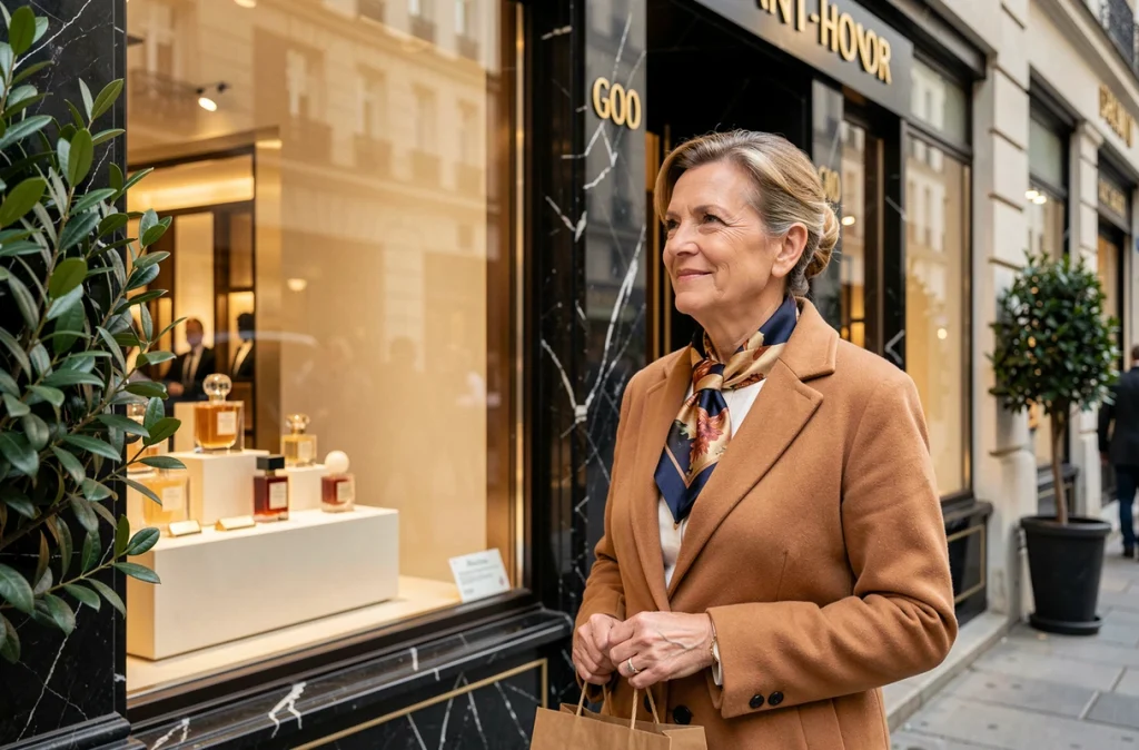 Femme élégante devant une boutique de luxe Rue Saint-Honoré Paris avec sac shopping et vitrine raffinée