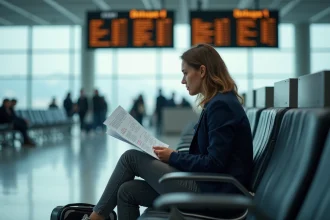 Femme frustrée à l'aéroport tenant des documents de vol devant un tableau d'affichage de vols retardés