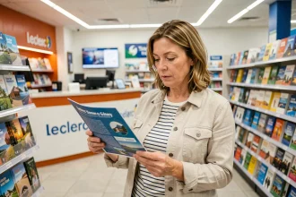 Femme consultant une promotion voyage Leclerc du mardi dans un espace agence de voyage en supermarché