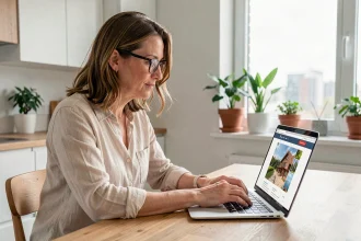 Femme recherchant une location de vacances sur son ordinateur portable après la fermeture de Locasun