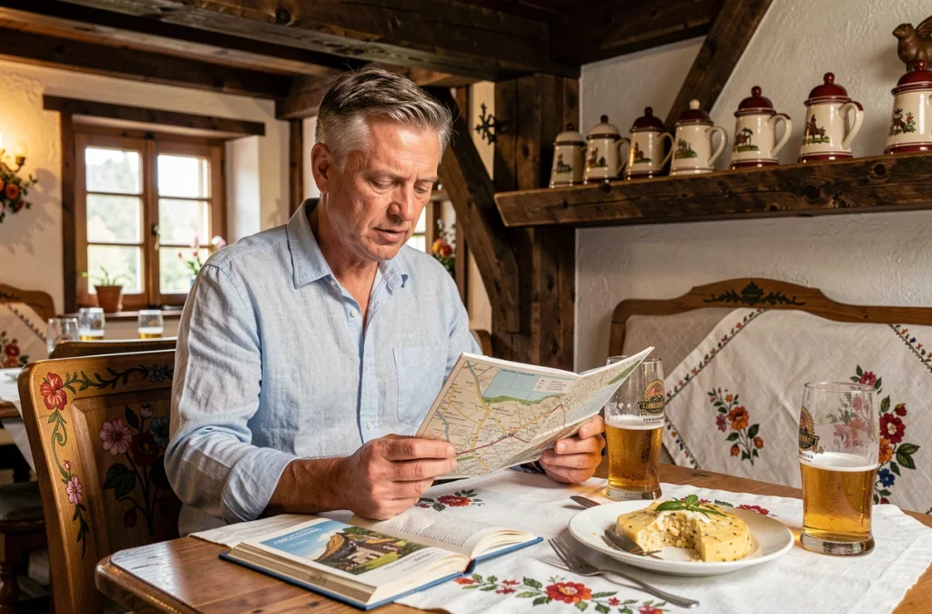 Voyageur consultant une carte dans un Gasthof traditionnel bavarois d'Oberammergau avec décoration en bois sculpté et bière locale