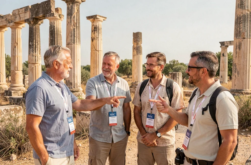 Groupe de croisiéristes MSC en visite guidée d'un site archéologique méditerranéen