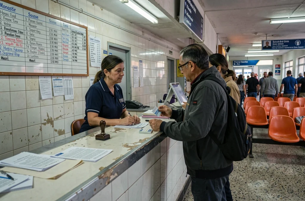 Guichet de vente de billets dans une gare routière tunisienne avec tableau des horaires des bus Monastir-Tunis