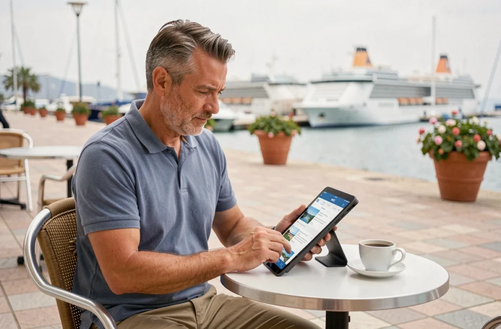 Homme comparant les excursions MSC Croisières sur tablette dans un café de port