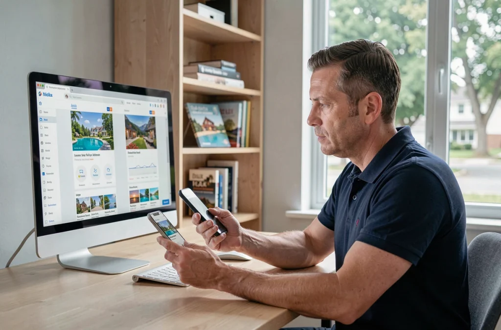 Homme comparant des plateformes de location de vacances alternatives après la fermeture de Locasun