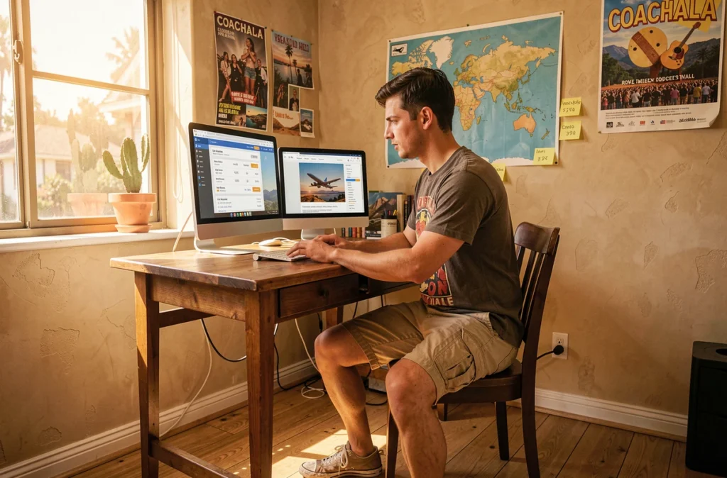 Jeune homme planifiant son voyage pour Coachella depuis son bureau avec un comparateur de vols sur ordinateur