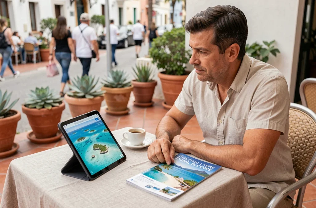Homme planifiant un voyage aux Maldives avec une carte numérique sur tablette dans un café en terrasse