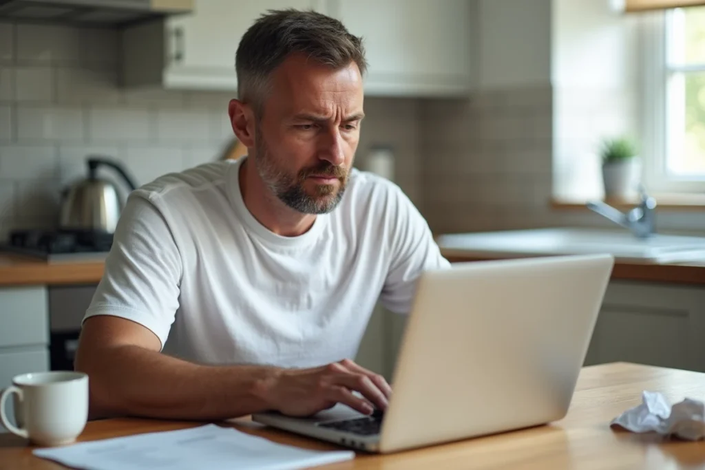 Homme remplissant un formulaire de réclamation de compensation aérienne sur un ordinateur portable à la maison