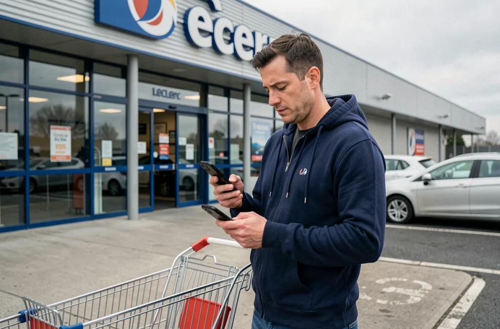 Homme consultant les promos voyage Leclerc du mardi sur smartphone devant l'entrée d'un hypermarché