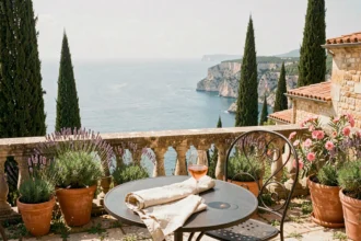 Terrasse provençale avec vue panoramique sur la mer Méditerranée, table en fer forgé, rosé et lavande