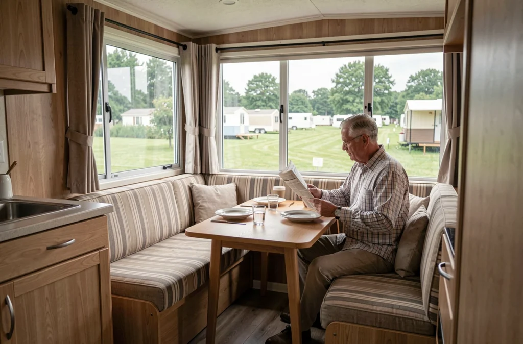 Intérieur chaleureux d'un mobil-home avec salon et coin repas en bois