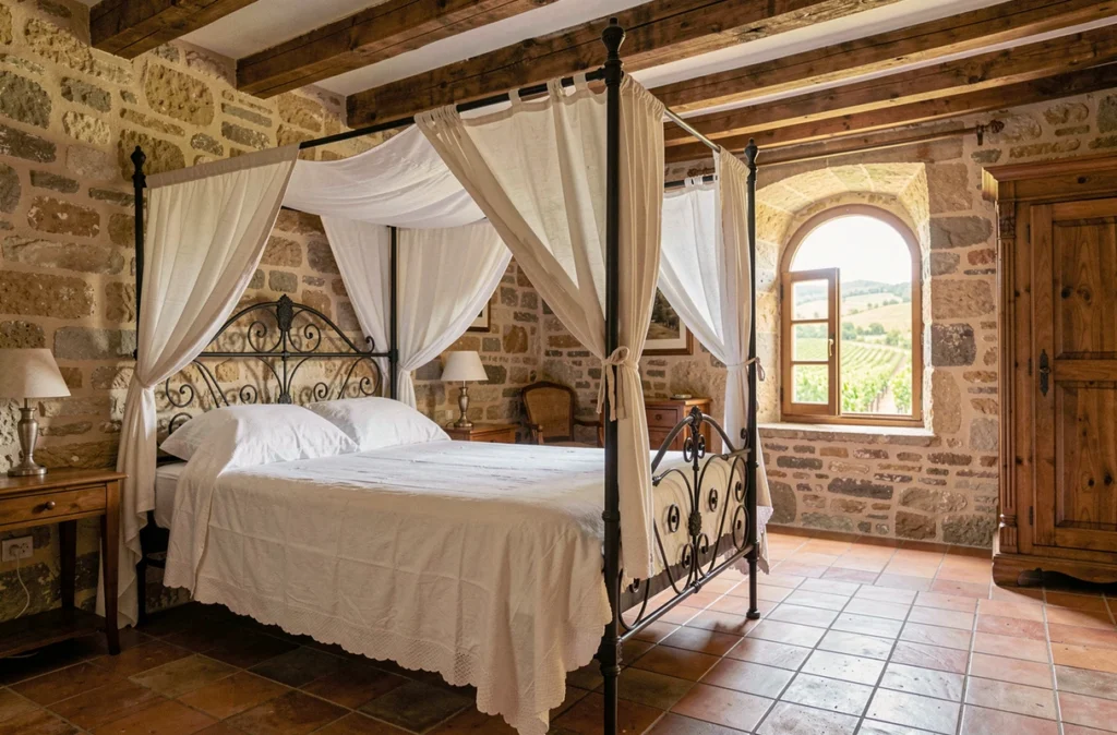 Chambre d'hôtes historique à Laudun-l'Ardoise avec murs en pierre du XVIIe siècle et lit à baldaquin en fer forgé