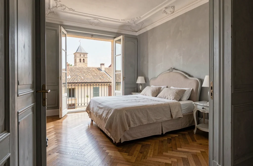 Chambre d'hôtes raffinée à Uzès dans une maison de maître avec parquet en chêne et vue sur les toits médiévaux