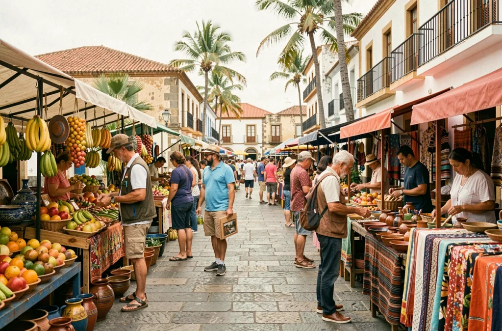 Touristes d'une croisière visitant un marché artisanal à Tenerife en hiver