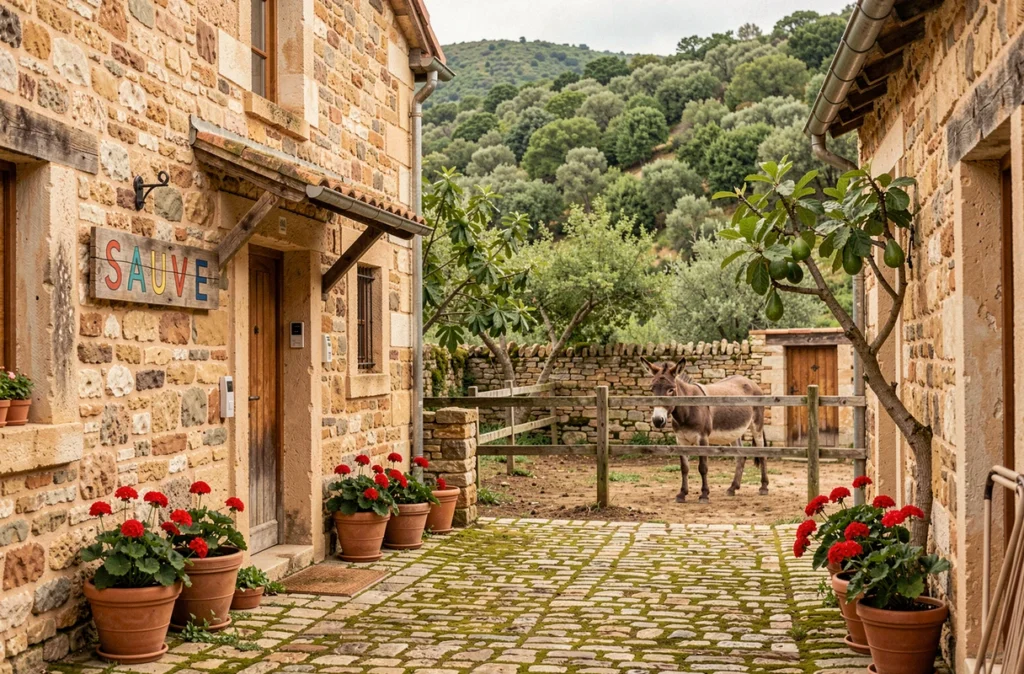 Cour rustique du Mas des Music'Ânes à Sauve avec âne dans un enclos et façade en pierre cévenole