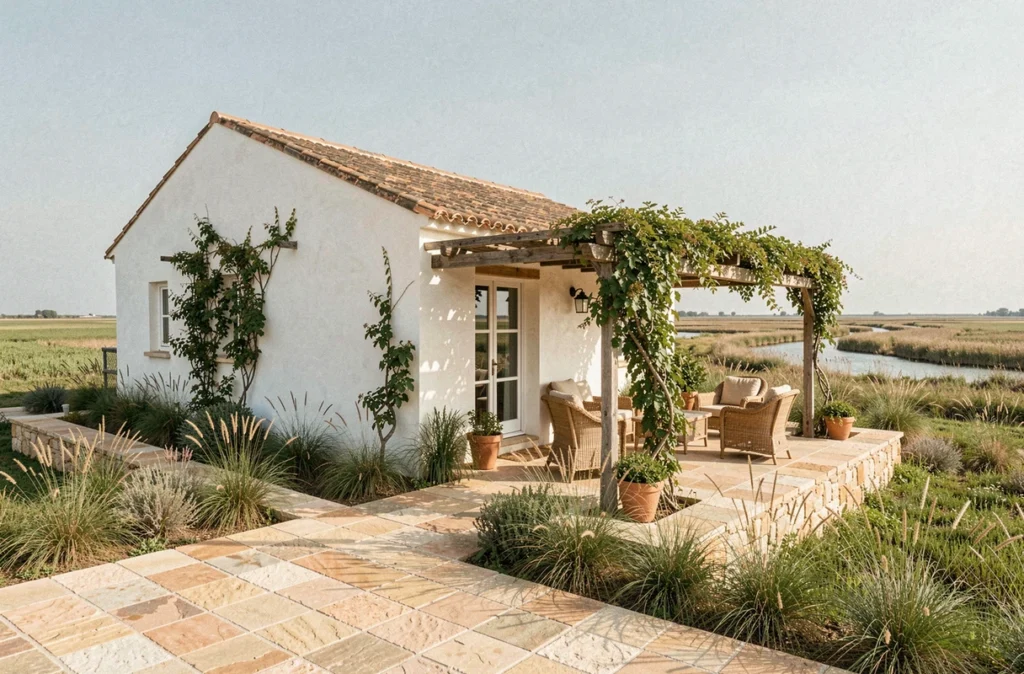 Mas d'hôtes aux murs blanchis près de Saint-Gilles-du-Gard avec terrasse en pierre et paysage de Camargue