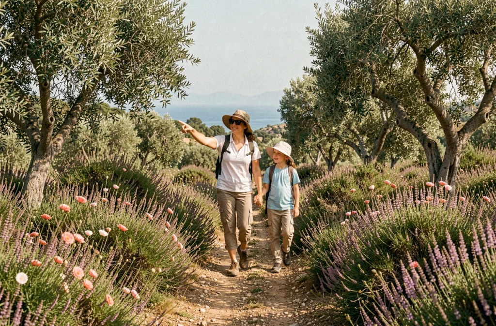 Mère et fille marchant main dans la main sur le sentier de randonnée de Capu di Muru parmi le maquis corse avec vue sur la mer