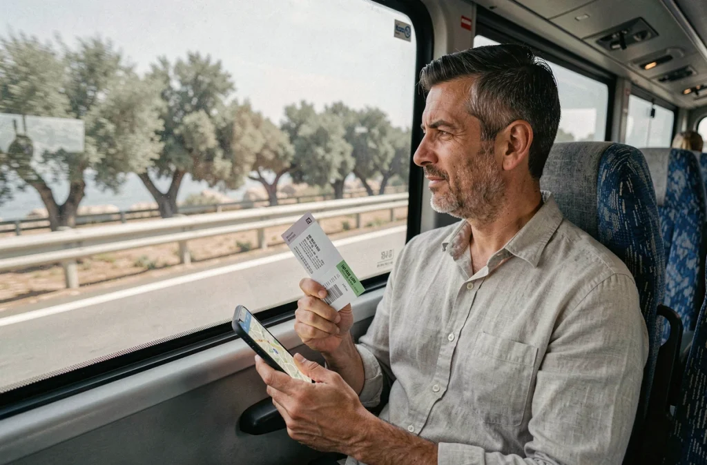 Passager tunisien à bord d'un bus longue distance entre Monastir et Tunis tenant son billet et consultant son téléphone
