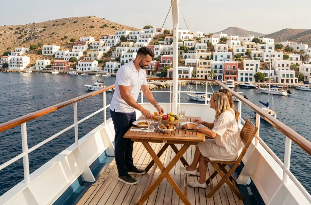 Service du petit-déjeuner sur le pont d'un petit navire de croisière avec vue sur un port grec pittoresque