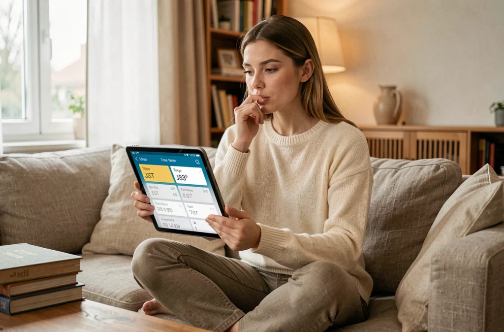 Jeune femme consultant une application de fuseau horaire sur tablette pour planifier une réunion en ligne avec le Japon depuis son domicile