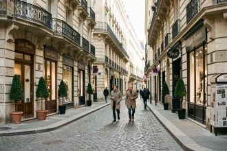 Vue panoramique de la Rue Saint-Honoré à Paris avec façades haussmanniennes et passants en promenade