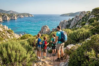 Famille en randonnée sur le sentier côtier de Capu di Muru en Corse avec enfants et vue sur la mer turquoise