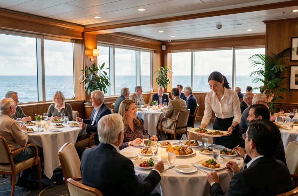 Restaurant buffet d'un bateau de croisière avec vue sur l'Atlantique aux Canaries