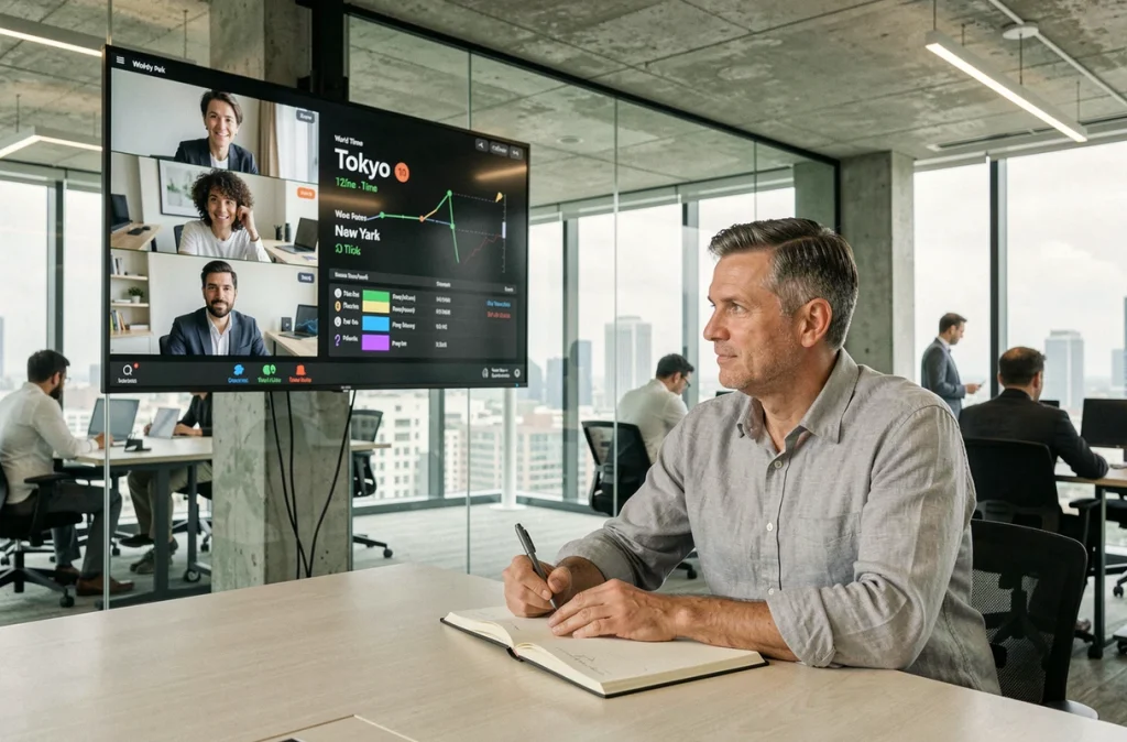 Homme d'affaires en salle de réunion avec un écran affichant les fuseaux horaires mondiaux incluant Tokyo pour coordonner une visioconférence
