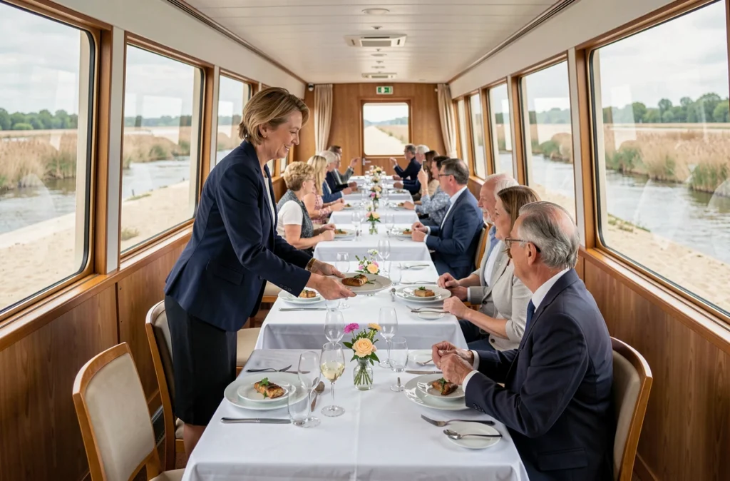 Salle à manger élégante d'un bateau de croisière fluviale sur la Loire avec service à bord