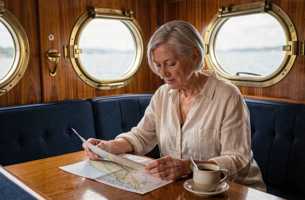 Femme consultant une carte nautique dans le salon chaleureux d'un petit bateau de croisière en Méditerranée