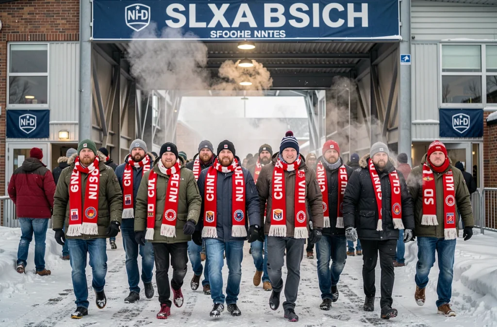 Supporters avec écharpes devant un stade en hiver