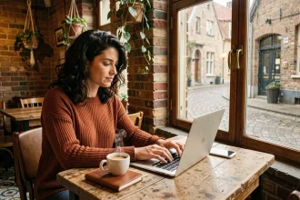 Femme en télétravail dans un café cosy de Bruges avec ordinateur portable et café, ambiance chaleureuse et murs en briques apparentes