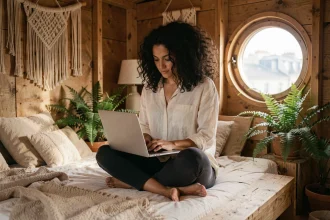 Femme en télétravail dans un studio insolite style cabane à Paris avec décoration naturelle et ordinateur portable