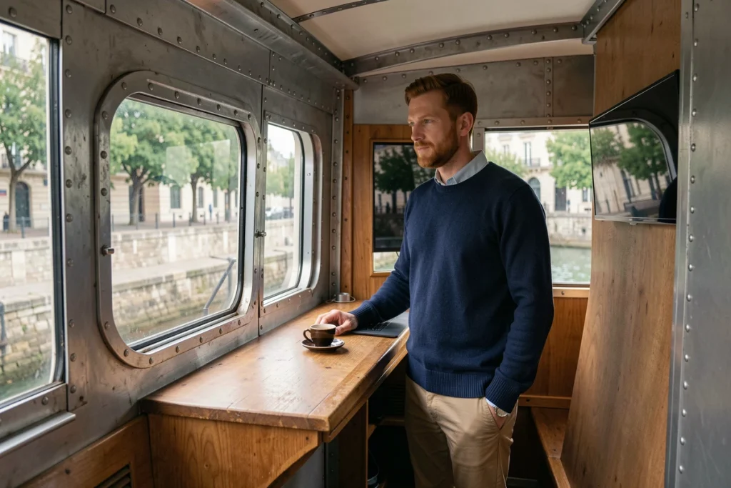 Homme en télétravail sur une péniche parisienne aménagée avec vue sur les quais de la Seine