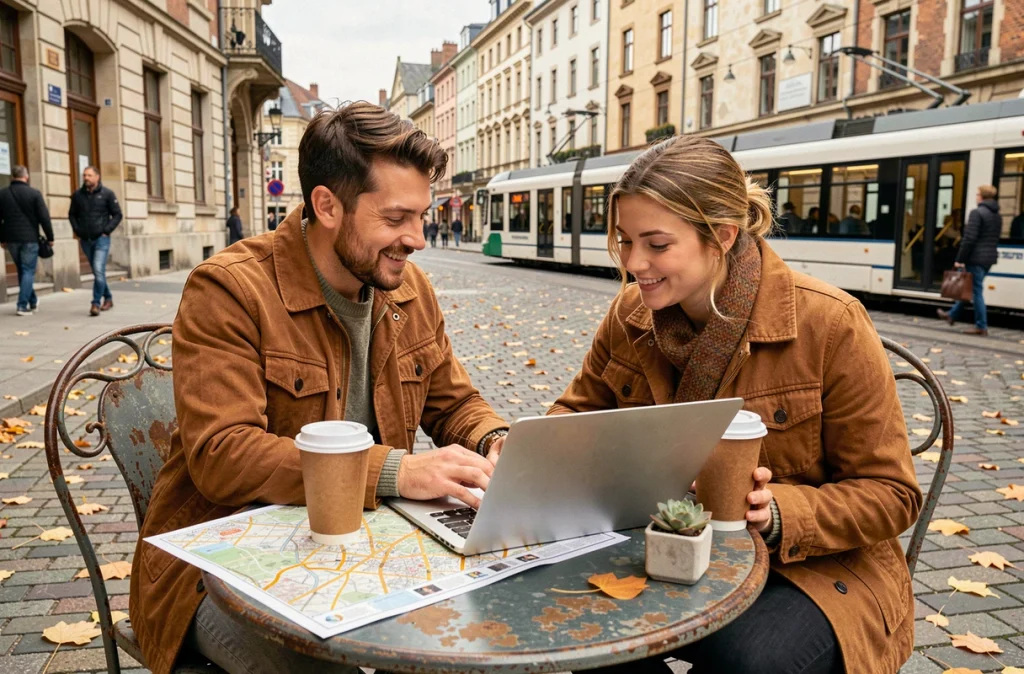Deux collègues en télétravail collaboratif en terrasse de café à Liège avec carte de la ville, ambiance automnale et architecture belge historique