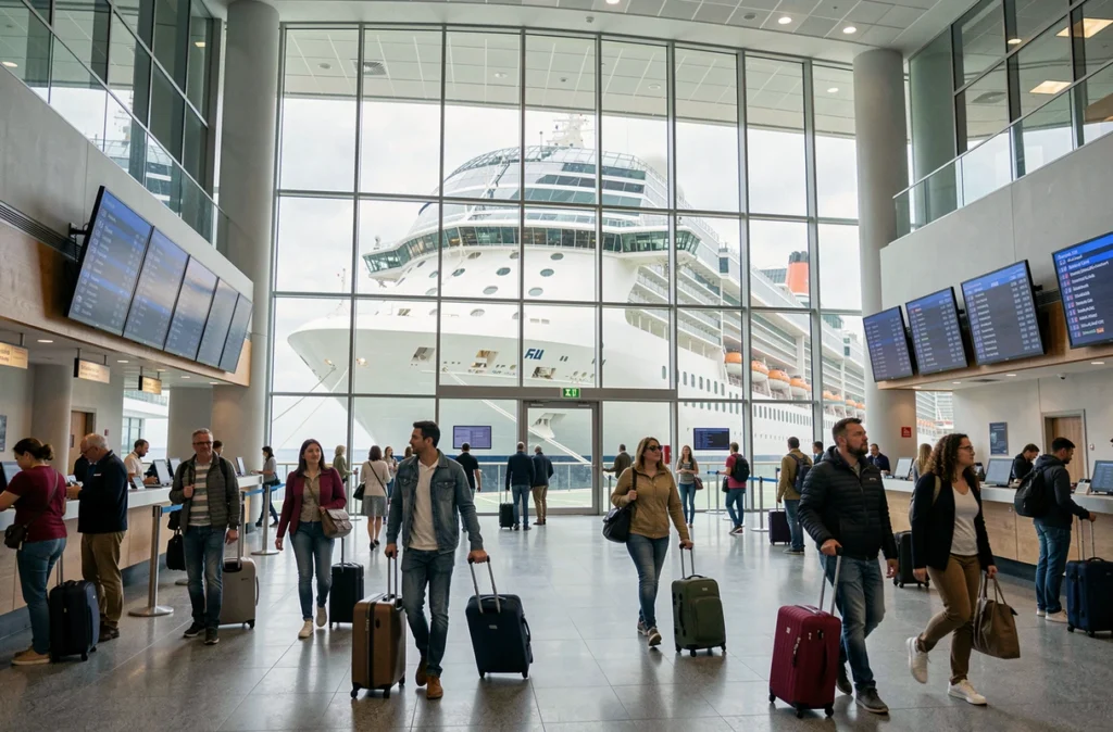 Terminal de croisière animé avec voyageurs et paquebots visibles depuis le hall d'embarquement