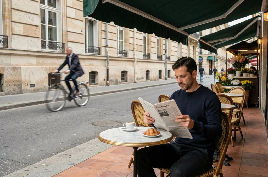 Terrasse de café parisien Rue Saint-Honoré avec homme lisant un journal et atmosphère authentique du quartier