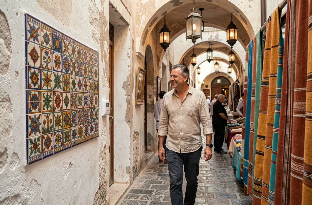 Touriste explorant les ruelles colorées de la médina de Tunis avec céramiques artisanales lors d'un circuit en Tunisie