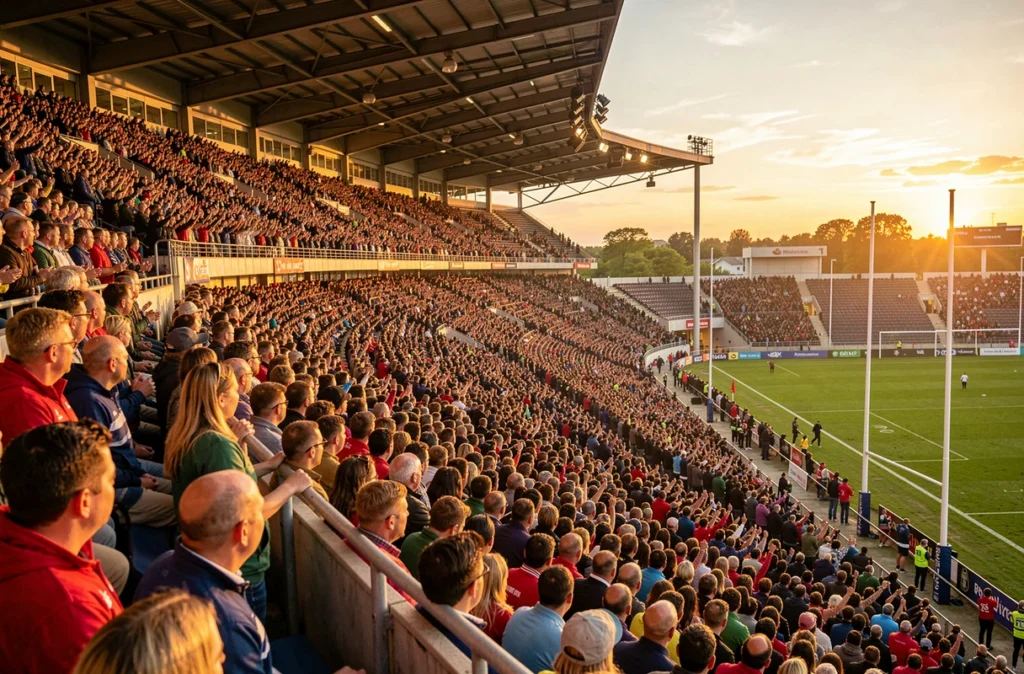 Tribune de stade de rugby remplie de supporters