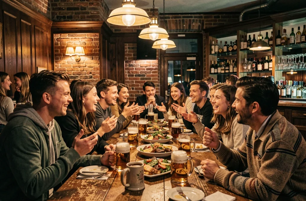 Groupe d'étudiants animés autour d'une table dans un bar typique de la vie nocturne d'Heidelberg avec décor en brique et bois