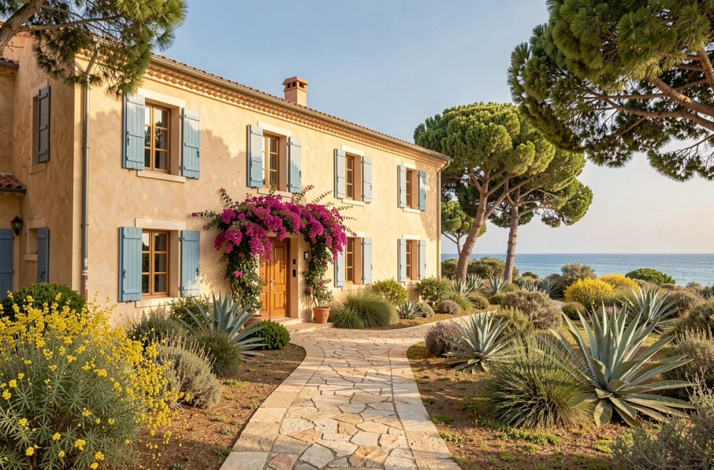 Façade de La Villa Douce à Rayol-Canadel-sur-Mer entourée de bougainvilliers et de pins méditerranéens