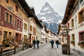 Rue pavée d'Oberammergau avec ses maisons à fresques Lüftlmalerei et la montagne Kofel enneigée en arrière-plan, Bavière, Allemagne