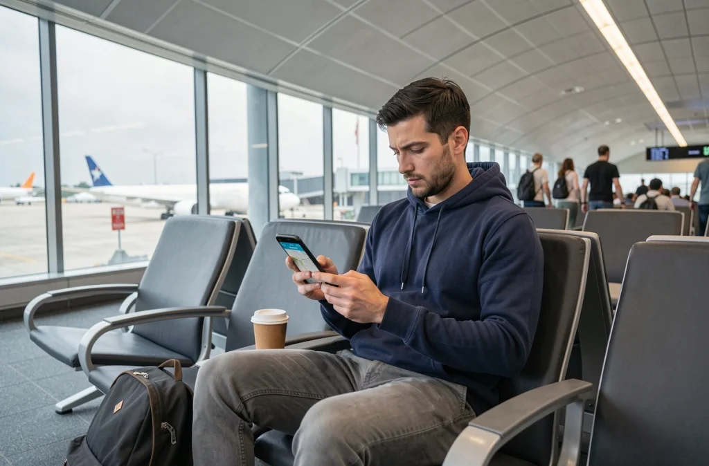 Voyageur vérifiant son vol de correspondance sur smartphone dans un aéroport de transit entre La Réunion et Paris