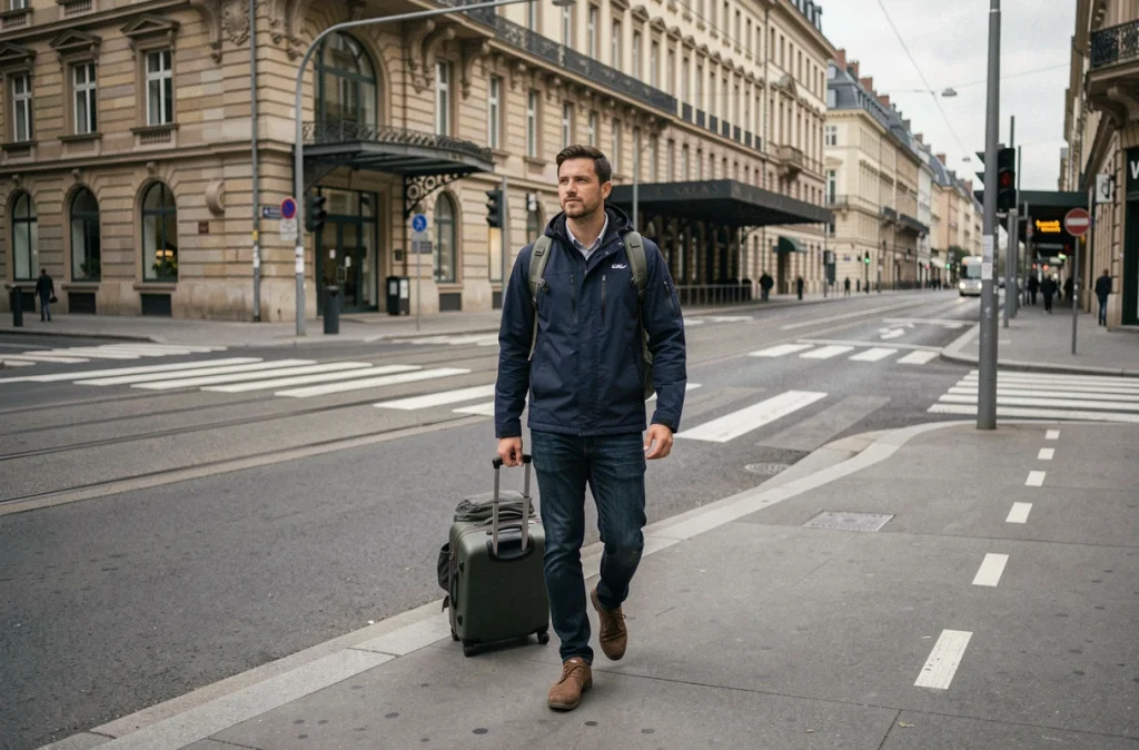 Voyageur avec bagage marchant vers la gare de Strasbourg depuis un hôtel proche du centre-ville