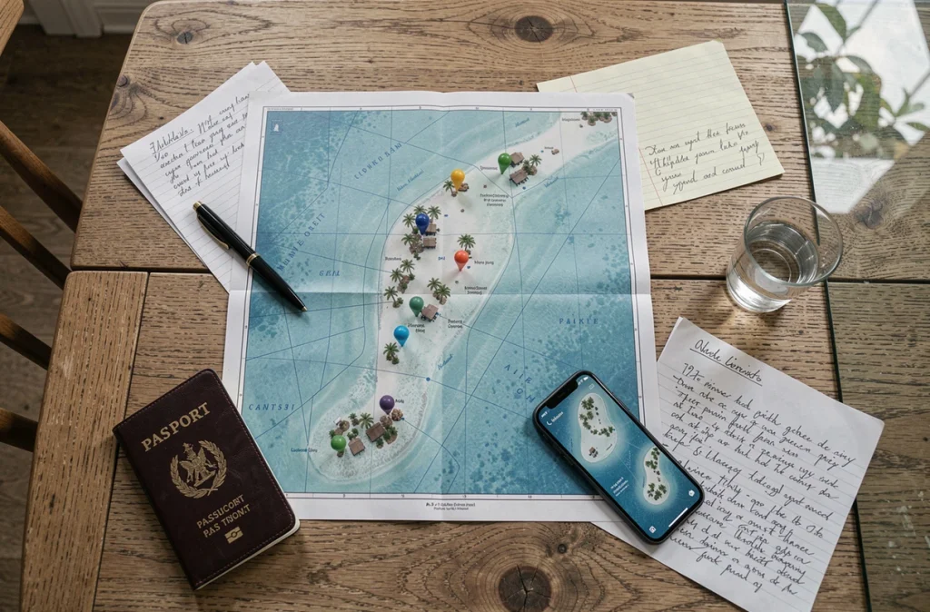 Vue aérienne d'une carte des Maldives avec épingles de localisation et accessoires de planification de voyage
